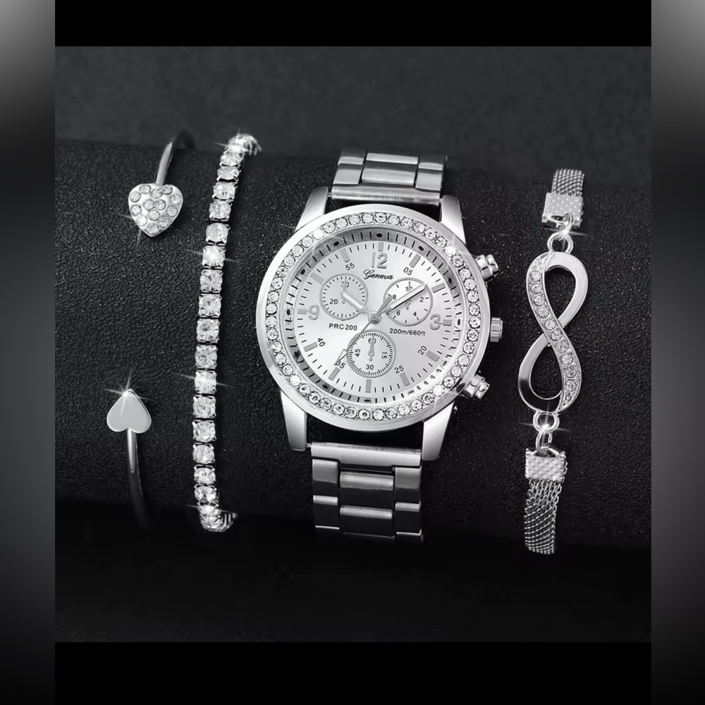 Rhinestone Silver Women’s Watch Bracelet Set Stainless Steel Quartz Jewelry Set - Picture 2 of 4